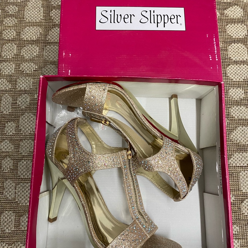 Gold Stiletto Heels with Rhinestone Embellishments